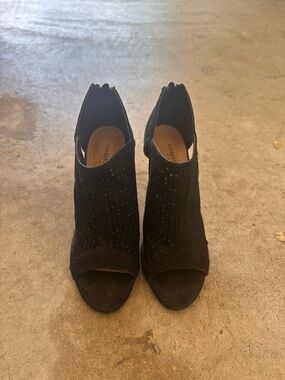 Christian Siriano Black Suede Peep-Toe Heeled Booties